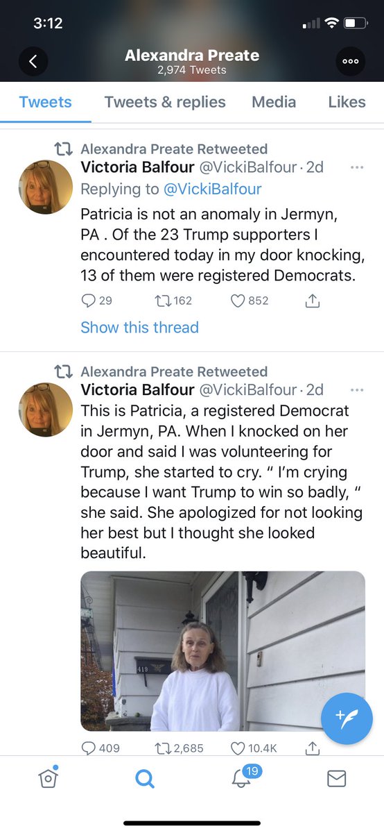 10/ This is from Alexandra Preate’s Twitter account. She recently RT’d this post claiming that bunches of DEMOCRATS in PA love Trump & plan to vote for him. Smacks of propaganda. Narrative warfare.