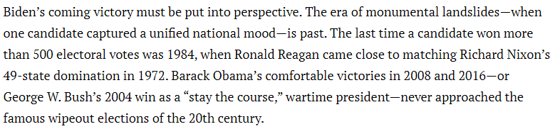 "...when Ronald Reagan came close to matching Richard Nixon’s 49-state domination in 1972."WTF is he talking about? Reagan won MORE electoral votes than Nixon. Both won 49 states, but Reagan got 525 votes, Nixon got 521.