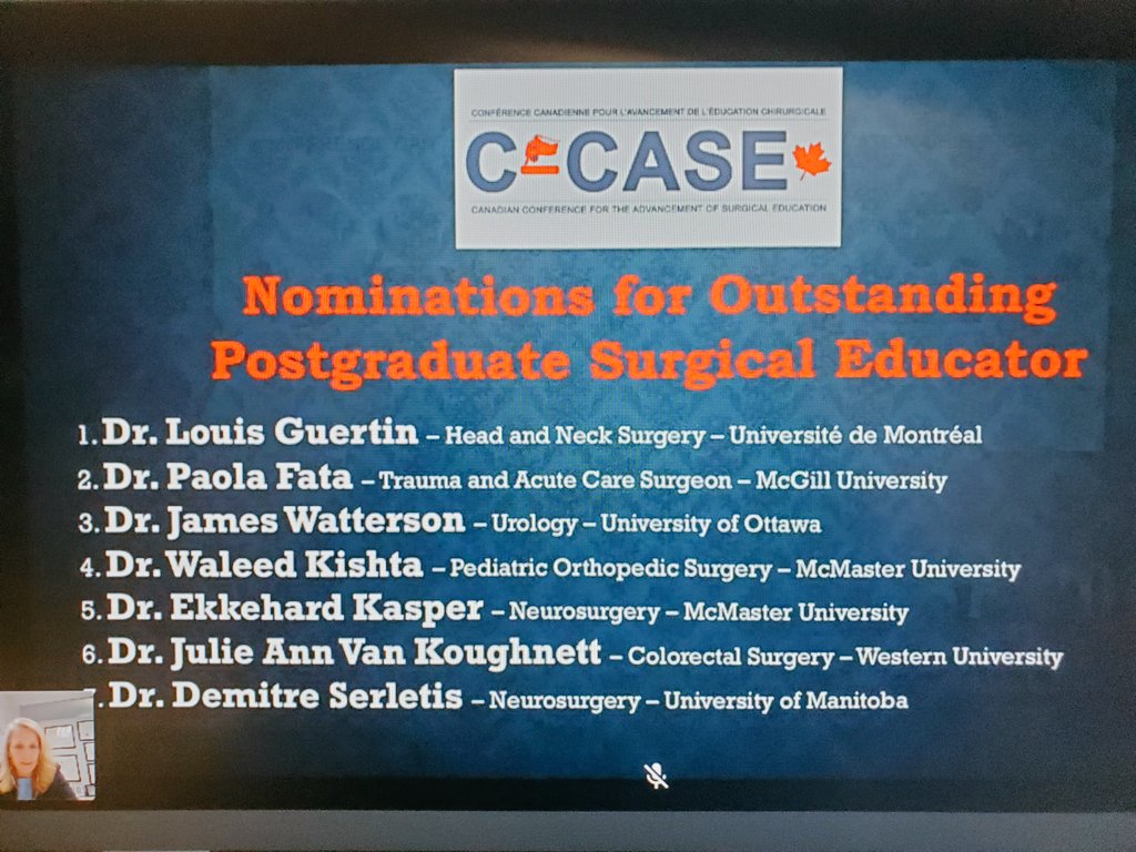 epilepsydoc's tweet photo. Honored to be nominated for this Postgrad #Surgical #Educator Award. Congrats to the winner, Dr. Fata! Such great surgical educators/leaders on this list. Many thx to @CUSEC_Surgery and all speakers for an impressive #CCASE2020 event today! @UM_RadyFHS @richardkeijzer @umanitoba https://t.co/BbRXA374vH