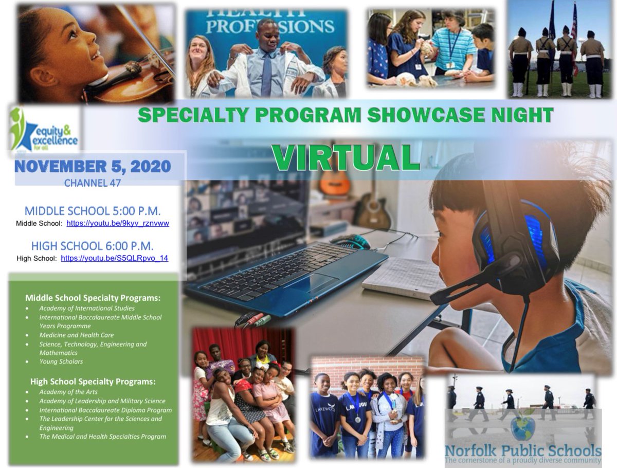 NPSchools_VA's tweet photo. Our annual Specialty Program Showcase Night will be held virtually on Thurs., 11/5/20, @ 5P for middle school &amp; 6P for high school on Channel 47.  

To learn what went into putting together this first-ever virtual showcase, watch: https://t.co/UCa5KPJx3W.

#WeAreNPS #NPSNow https://t.co/3Br0ZVpIq2