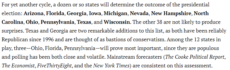 Completely ignores voting data. Florida and Ohio are solid red states now. Texas will stay a red state due to Latinos shifting to the GOP. Iowa probably going to become solid red, as will Nevada. New Mexico will become a swing state.