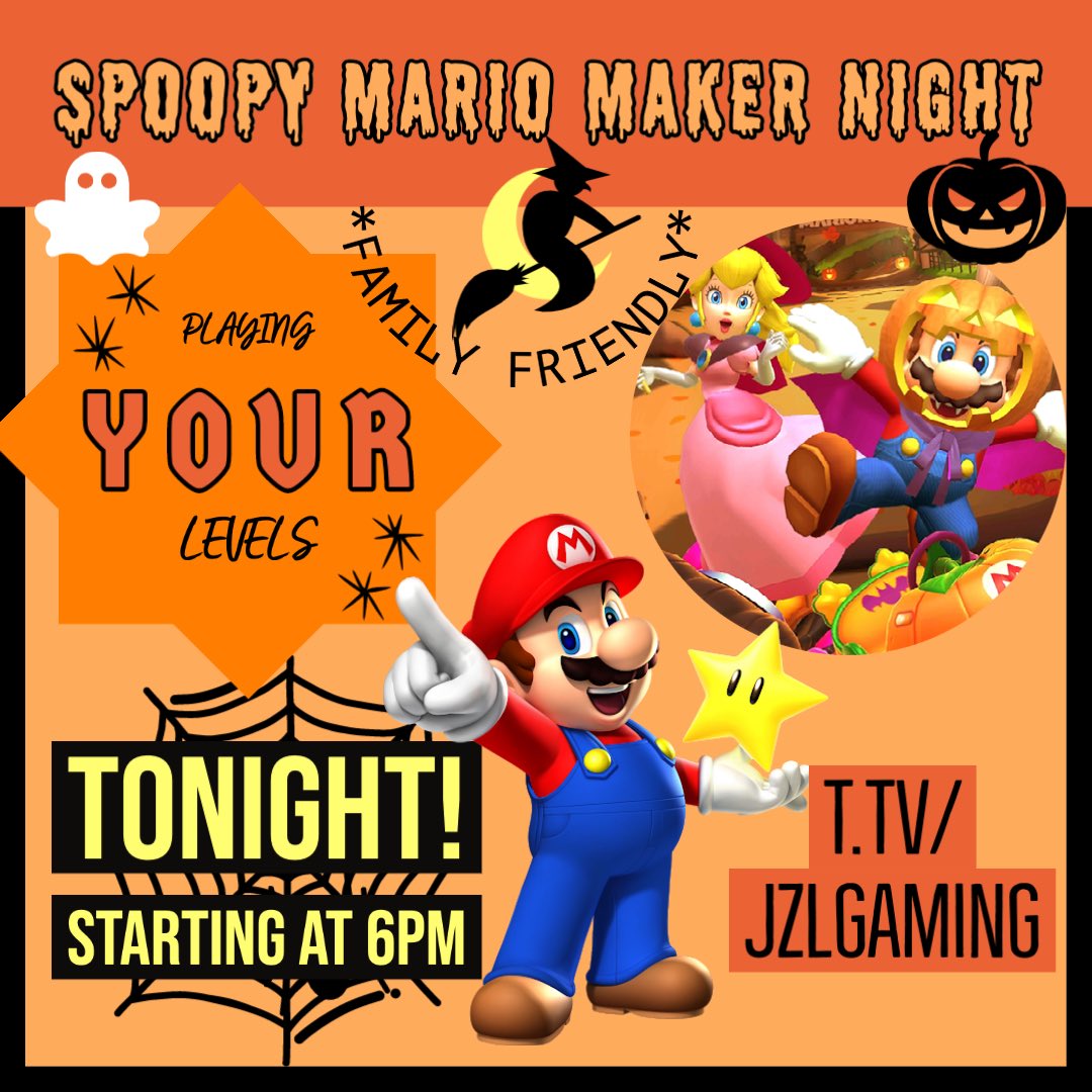 JzLgaming's tweet photo. Friday is here! That means itโs a very special #Spoopy Mario Maker 2 night! Bring those #halloween themed levels by, they get priority in queue ๐ starting at 6pm Pacific! https://t.co/wIIDrgEU8P #stream #supermariomaker2 #twitch #familyfriendly #mm2 #smm2 #viewerqueue https://t.co/RlMfPvyubt