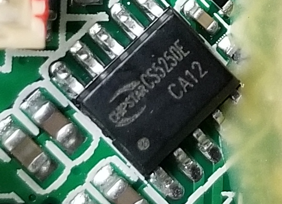 The tiny chip is a CHIPSTAR CS5250E, that's an audio amplifier