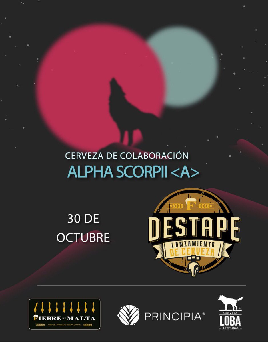 Destape de Alpha ScorpII <A>  
Te esperamos con una deliciosa cerveza en colaboración con Cerveza Loba y Cervecería Principia.
Disponible en ambas sucursales. 🍻