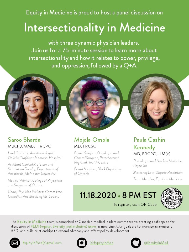 EquityinMed's tweet image. Equity in Medicine is proud to host a panel discussion on #Intersectionality in Medicine with three dynamic physician leaders and #womeninmedicine @SarooSharda_MD, @Drmojolaomole and  @CashinMD!! Registration link: us02web.zoom.us/meeting/regist…