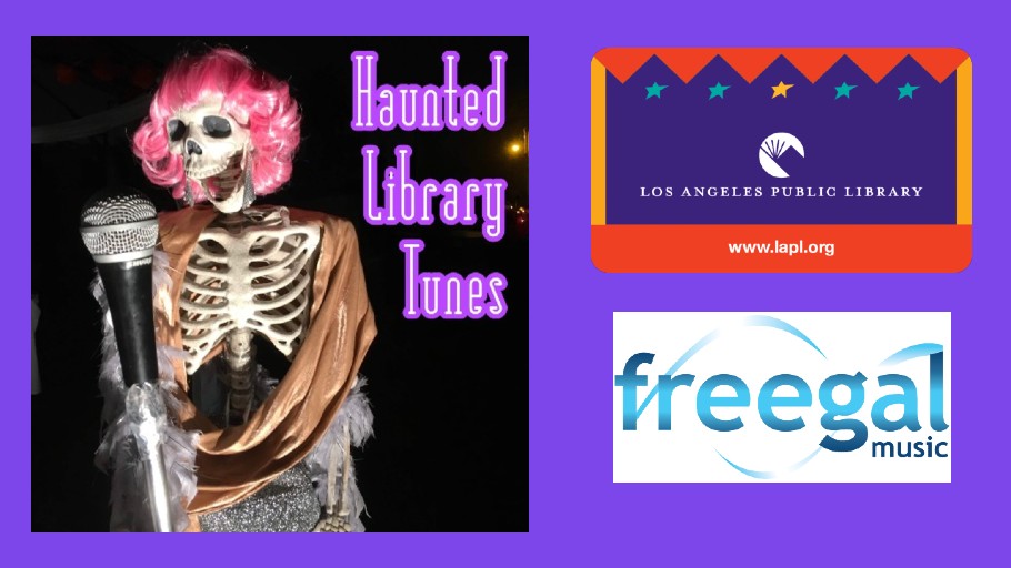 a graphic illustration with a photo showing a skeleton wearing a pink wig  singing on microphone. also a library card and freegal digital logo right next to the photo