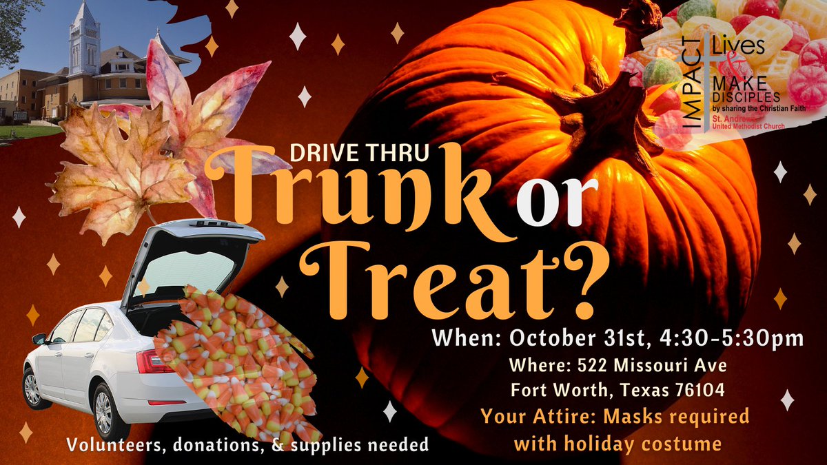 MpactinLives's tweet photo. TRUNK or TREAT October 31st 4:30-5:30pm CDT
Goodie bags, school supplies, stay in your car, we'll bring bags to you. Donations https://t.co/XReuZ8lNdb, click Givelify
#historicsouthsidefortworth #givingbacktothecommunity #childrenevent #eventforkids #standrewsftw #impactinglives https://t.co/dMRCQoXj0K