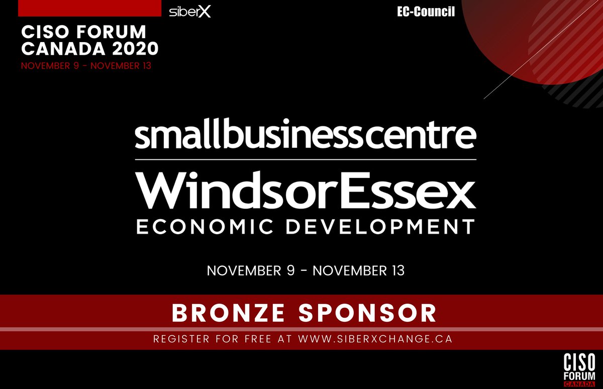We're excited to welcome the Small Business Centre Windsor-Essex @SBCWindsorEssex as a #Bronze #Sponsor for the CISO Forum Canada, happening on November 9th-13th, 2020!
The event is fast approaching and we cannot wait!
Register for free at https://t.co/9zHpGbB4wB!
#WeAreCyber https://t.co/22FENEguvg