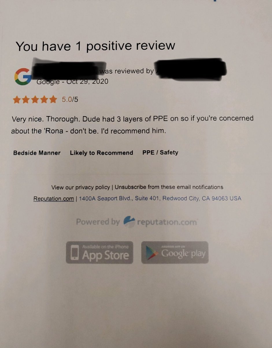 Had to share one of my partner’s online reviews.  High marks not because of his excellent CV care, but because of that triple layer PPE!