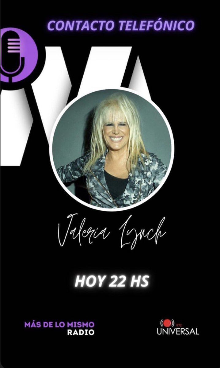 Atención!! Hoy <a href="/valerialynch/">Valeria Lynch</a> en <a href="/universal970/">970 Universal</a> <a href="/pepidelpuerto/">Pepi del Puerto</a> #GiraUruguay #Intimo <a href="/dsorondo/">Diego Sorondo</a>