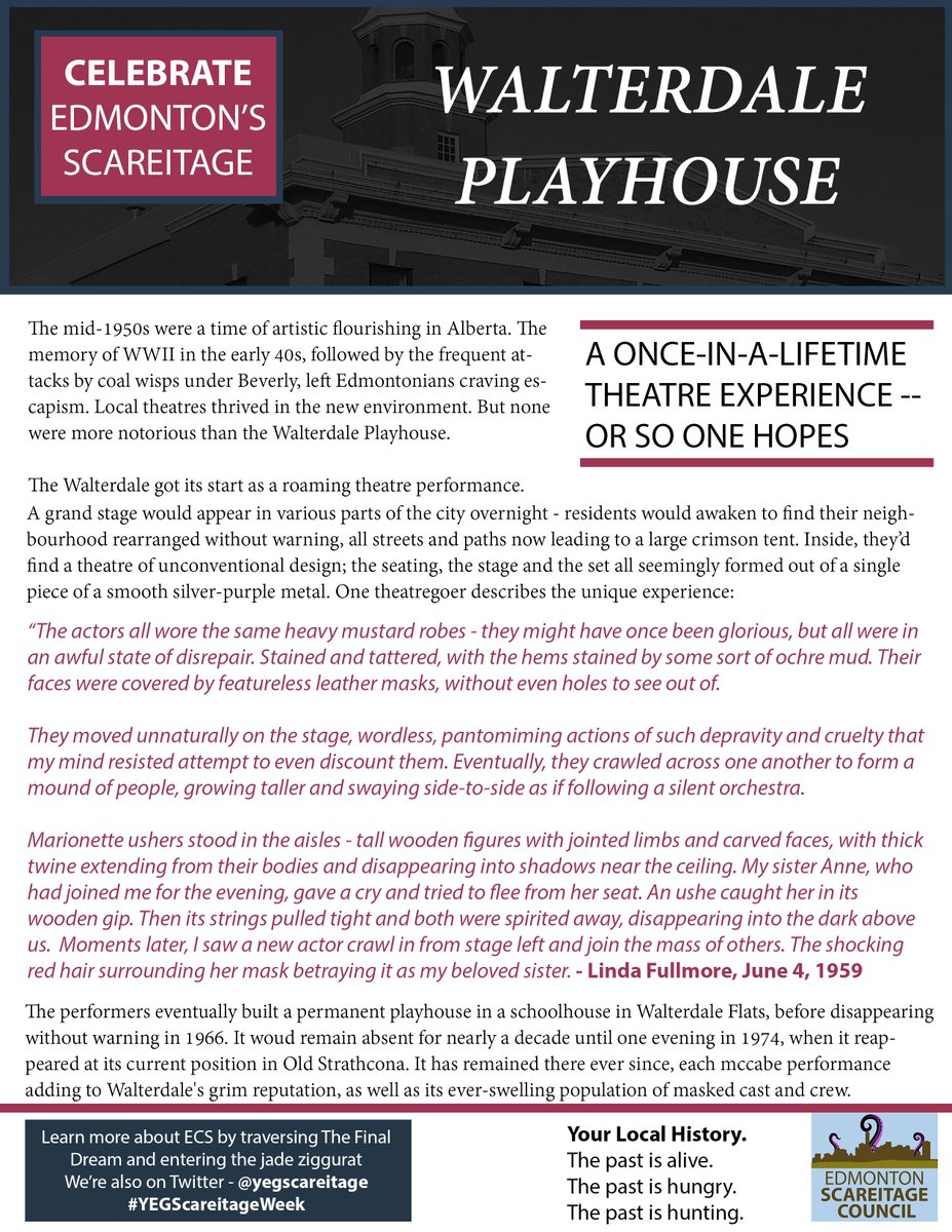 YEGScareitage's tweet photo. #yeg is known as a hub of Dark Arts &amp; Culture.

 For #YEGScareitageWeek, let's explore the historic 
@walterdaleplays, which has been capturing the attention (and lifeforce) of audiences for years. #yegdarkarts #yegtheatreoftheobscene https://t.co/cgf577B7VS
