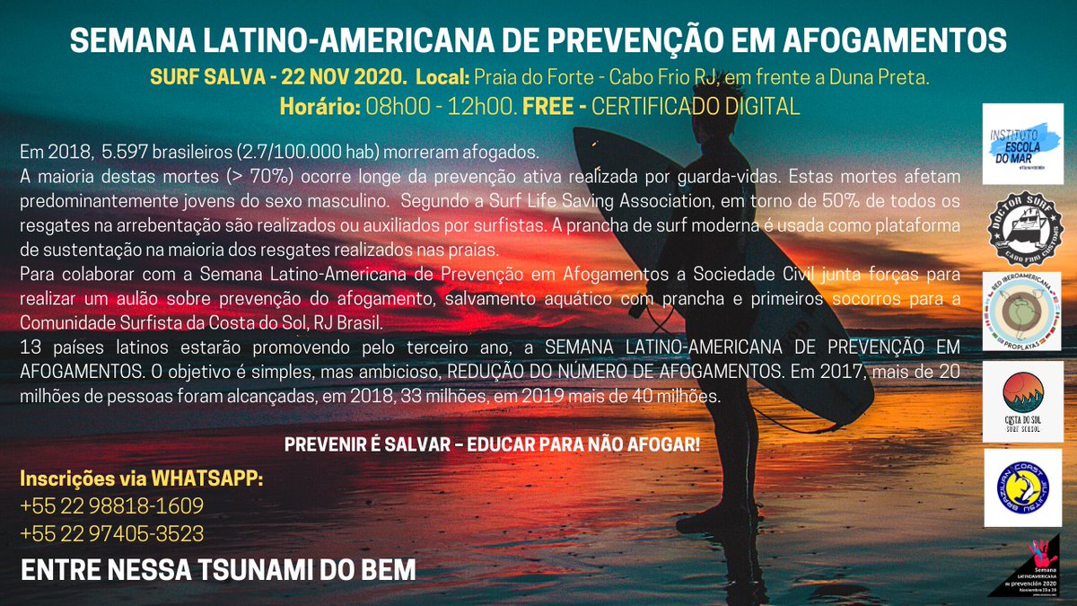 RProplayas's tweet photo. 📣Semana LatAm Prevención por #ahogamiento 23-29 Nov 2020
🏊🏼♀️
Participa de la actividad de nuestro Nodo @iemarbrasil 🇧🇷
📆22.10.2020
⏰8:00-12:00 GMT-3
🌐#LIVE por https://t.co/GDauFklgEg
+ℹ https://t.co/BIHW5Mp3mW
#guardavidas #SalvaVidas #RedProPlayas @lLSmedical_ #stopdrowning https://t.co/PSrj3WFgmi