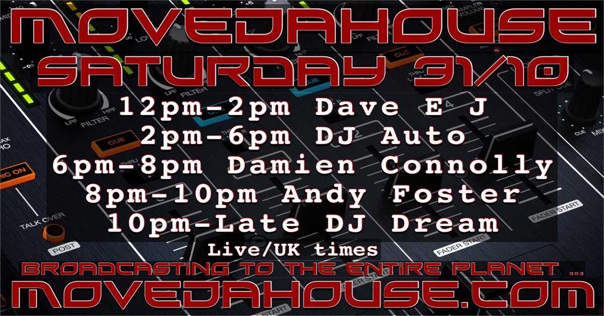 #saturday 31/10/20 #livestreaming #radio from 12pm #UK
12pm-Dave EJ
2pm-DJ Auto
6pm-Damien Connolly
8pm-Andy Foster
10pm-Late-DJ Dream
#housemusic #deephouse #techhouse #techno #dubtechno #deeptech #minimal #acidhouse #Listen #retweet #internetradio :https://t.co/616h5fx4QT https://t.co/NfEBktWjC5
