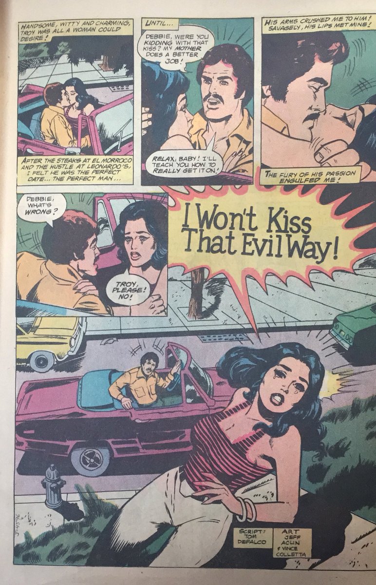 Then we get this oddity, written by a young Tom DeFalco (the “evil way” is “passionately”—like, obviously this is a “guys who pressure you are bad news” story, but this is an odd way of putting that...)