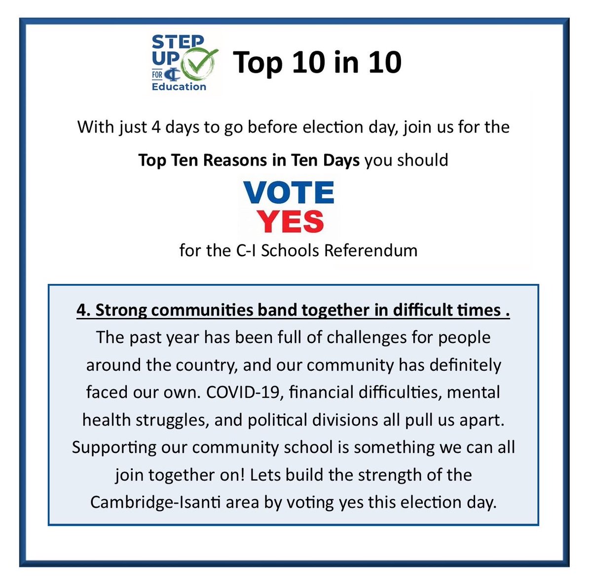 We all know we are stronger when we come together and C-I is a strong community! For more info about the referendum, visit the school’s referendum page at c-ischools.org/referendum.