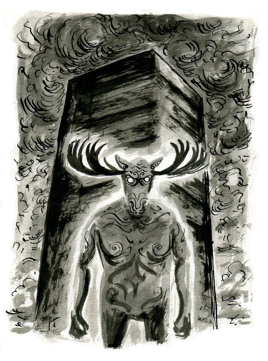 #inktober day 30: Ominous.

Truly regrettable play on words here
.
.
.
.
.
.
.
yes it's an ominous oni moose. Which would work a lot better as a pun on "anonymous". Bugger. 👹🦌