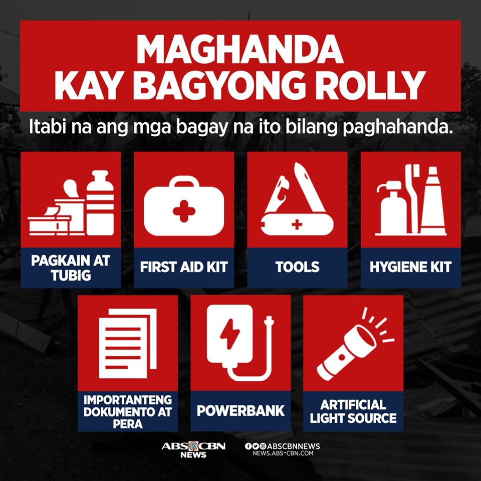 ABSCBNNews's tweet photo. Maging alerto, Kapamilya.

Inaasahang malakas ang paparating na bagyong #RollyPH na magla-landfall sa bansa sa Linggo o Lunes. Itabi na ang mga bagay na ito sakaling kailanganing lumikas. #WeatherPatrol https://t.co/2QvGU4U4qA