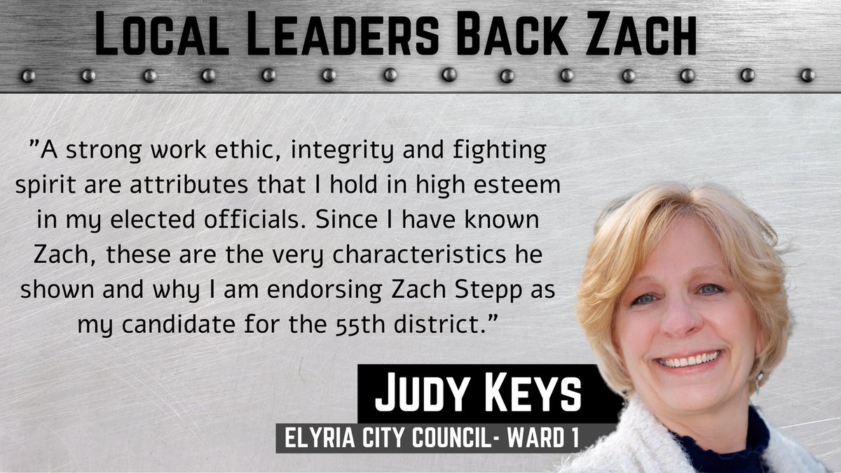 ZachSteppOH's tweet photo. I’m proud to have the support of so many thoughtful and accomplished local leaders, including Elyria City Councilwoman Judy Keys #SteppForward https://t.co/1K9NBt3i2U