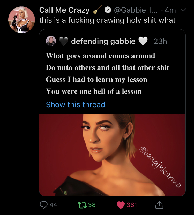 Gabbie noticed that tweet and replied, and even quote tweeted the drawing. https://twitter.com/GabbieHanna/status/1312506642500517890?s=20