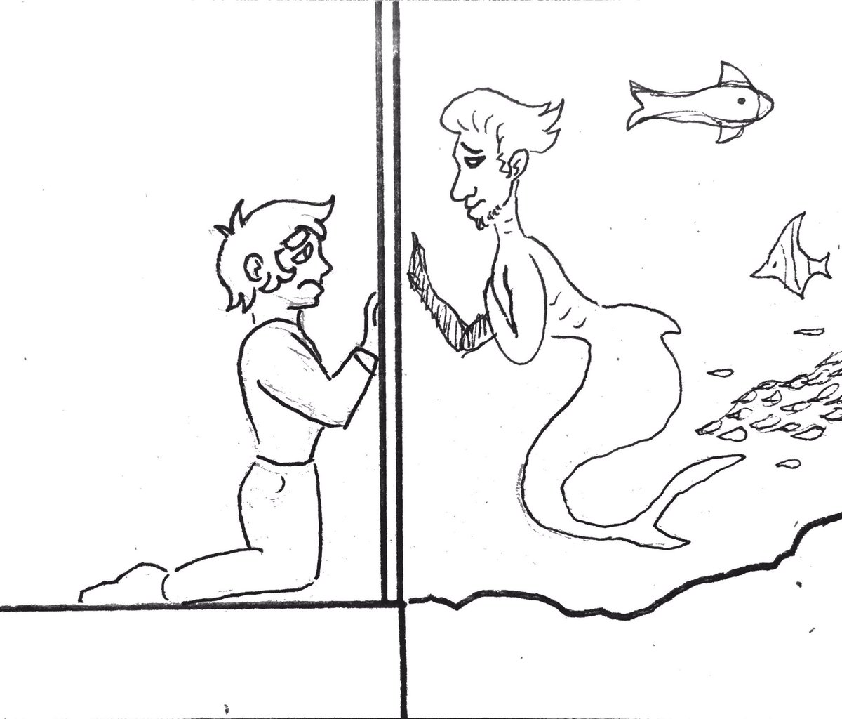 EmilyDeCaro's tweet photo. Day 27: Aquarium. Looks like Soo-young became part of the exhibit 🙁😞 #art #myart #inkdrawing #lgbt #lgbtober #lgbtober2020 #aquarium #merman #heartbreak #trapped #sad https://t.co/qqOBcc6wTw