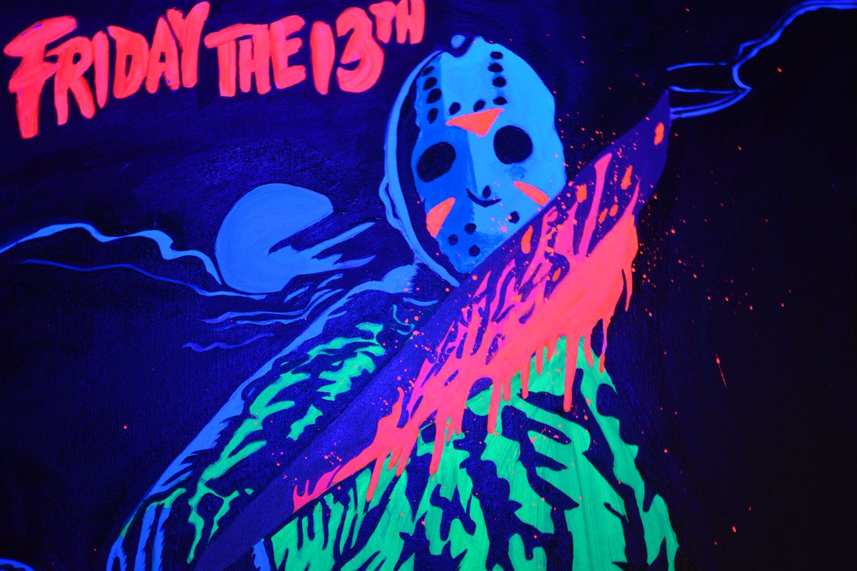 kolormediff's tweet photo. I guess you can say just like Halloween...blacklight is my thing 🤷🏽‍♀️.Inspiration @sweetpurgatory
Instagram @kolormedifferent 
[ 20×20 canvas painting ]
.
#Jason #fridaythe13th #michealmyers #freddykuger #horrorart  #blackgirlswhopaint #blacklightart #houstonartist #halloween2020 https://t.co/aOcGj4l0F2