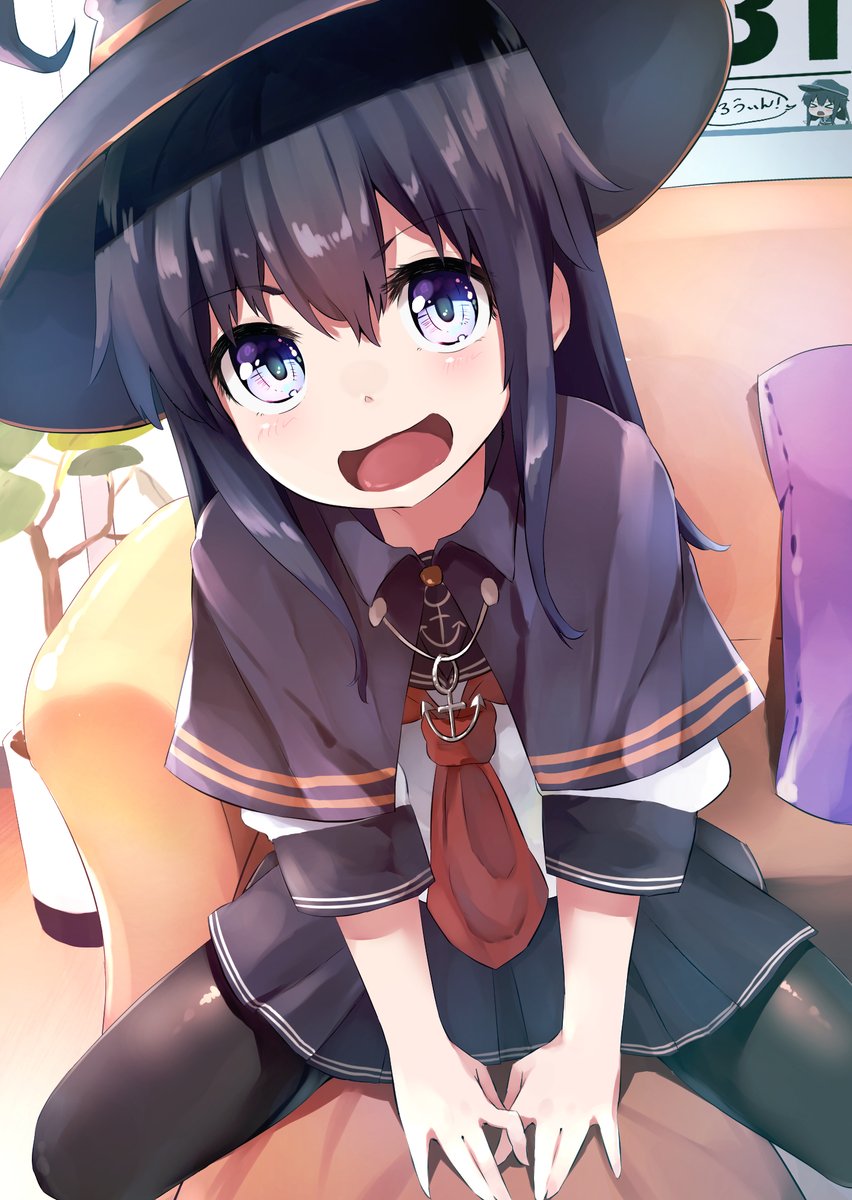 akatsuki (kancolle) 1girl hat long hair pantyhose open mouth school uniform witch hat  illustration images