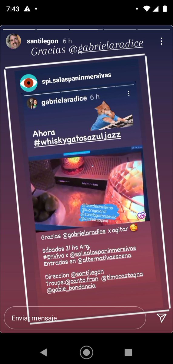 ¡Muchas gracias <a href="/GabiRadice/">Gabriela Radice 💚</a> por acompañarnos en la función de Whisky Gatos Azul Jazz!
#STREAMING EN #Vivo 
Sábados 21:00 por #SPI.salaspaninmersivas.
Entradas a la gorra virtual por <a href="/AlternativaEsc/">Alternativa</a> 
Los esperamos!