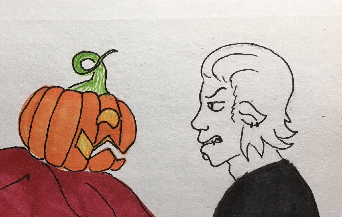 EmilyDeCaro's tweet photo. Day 28: Pumpkin. Manny doesn’t trust this damn gourd 😒 #art #myart #inkdrawing #lgbtober #lgbtober2020 #pansexuality #lgbt #pumpkin #spooky #oc https://t.co/yHZDILOHeI