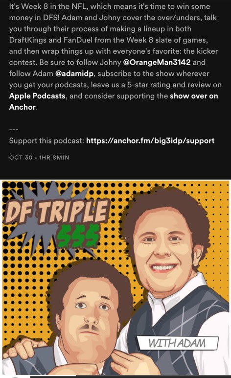 ๐ธ๐ต๐ฐDF$$$ WEEK 8 ๐ฐ๐ต๐ธ
#DraftKings #FanDuel #DFS
@OrangeMan3142 @Big3Network
iTunes: https://t.co/BIoZlNkvtI
Spotify: https://t.co/W9rClEf5K4 https://t.co/Tnbl9mKN58