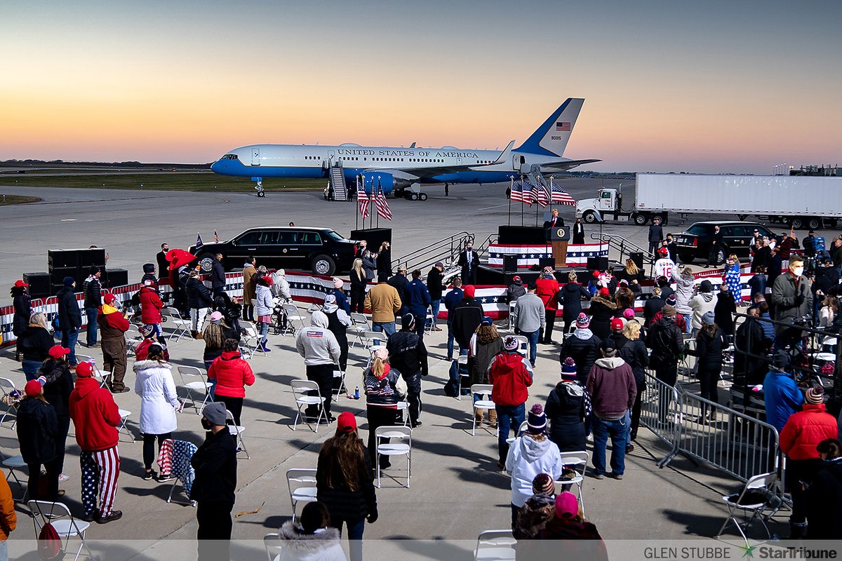 President Donald Trump rallied supporters at the Rochester, MN airport. The crowd was limited to 250. When the crowd tried to move their seats closer, they were told to move them back so the media didn't see them doing it
