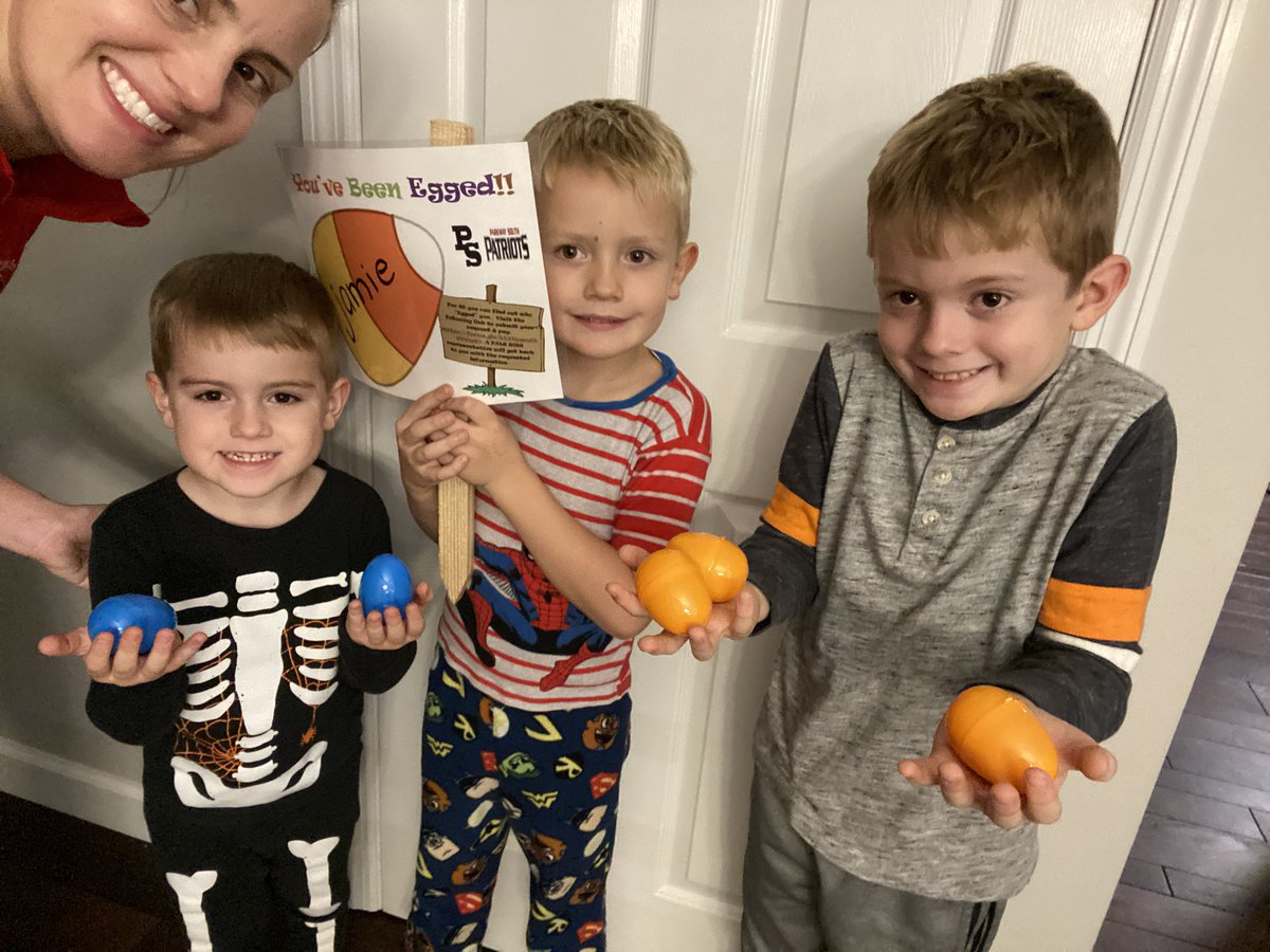 MathDresser's tweet image. The boys were confused about being #egged the day before Halloween, but once they found the candy, they didn’t mind #pals2023 #psouthproud