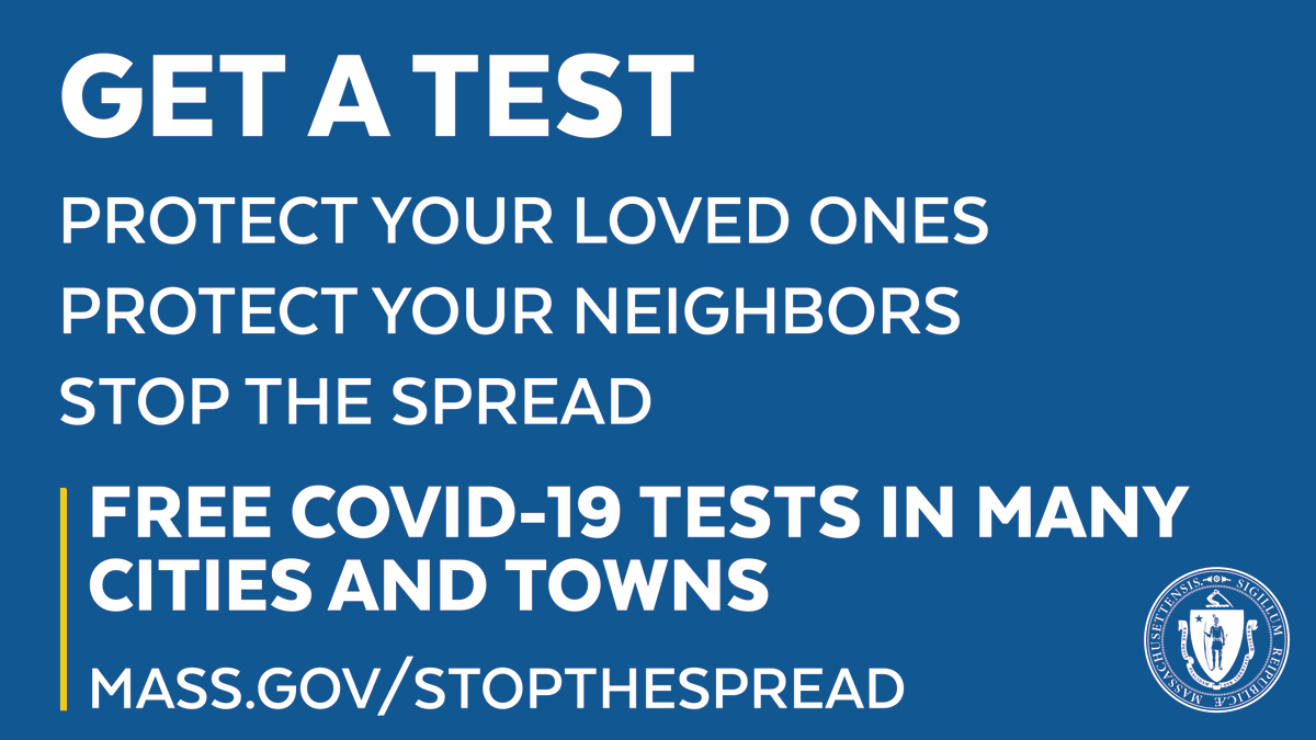 MassDPH's tweet photo. Help us stop the spread of COVID-19 by getting tested. Residents of many communities with high rates of COVID-19 can get tested at no cost to you - even with no symptoms. All results are confidential. See the list of communities: https://t.co/4GSDkB5H5B #covid19MA https://t.co/0sregraBi6