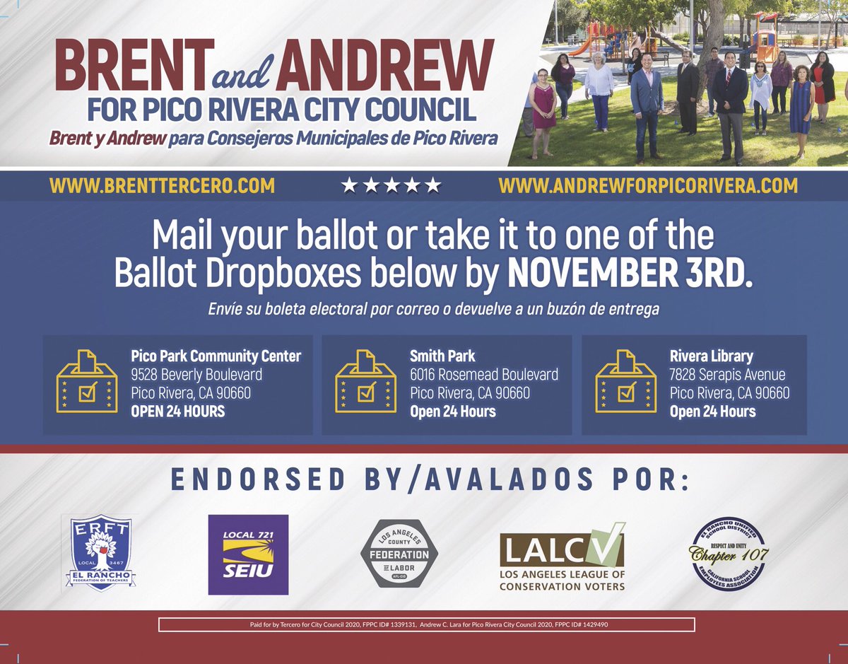 Get out and vote! We took no money from contractors or outside money (PACs), no personal agendas. 

Pico Rivera first! 

Vote Brent Tercero &amp; Andrew C Lara