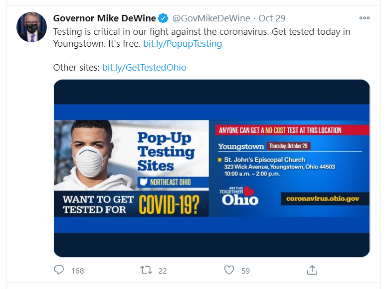 DeWine is pushing the COVID panic and fear narrative.Testing to drive up case numbers.A nonsensical color advisory system.Unsubstantiated stories of spread.Public shaming for not masking and public gatherings.