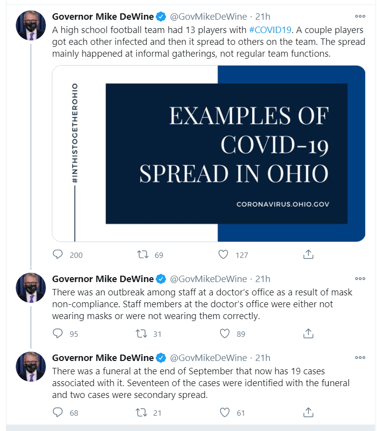 DeWine is pushing the COVID panic and fear narrative.Testing to drive up case numbers.A nonsensical color advisory system.Unsubstantiated stories of spread.Public shaming for not masking and public gatherings.