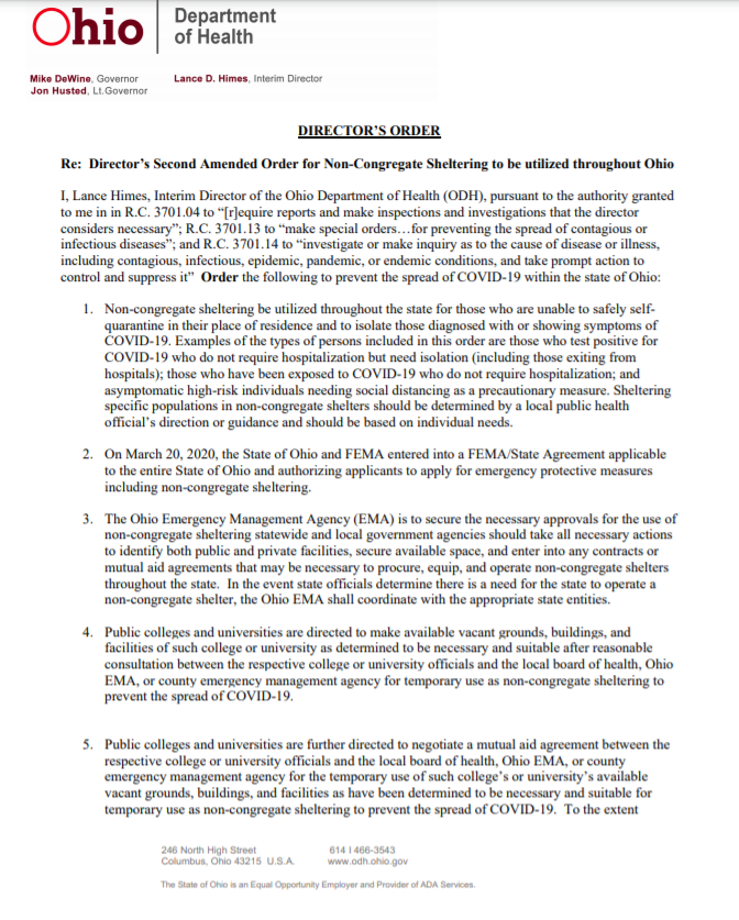 He’s also trampling human rights.Midnight order for COVID FEMA camps.COVID positivity added to driver license records.Elderly isolated in long-term care facilities.Families barred from entering hospitals.Churches, businesses bullied to close. https://coronavirus.ohio.gov/static/publicorders/DO-Non-Congregate-Shelter-Second-Amended-08.31.20-Reader.pdf