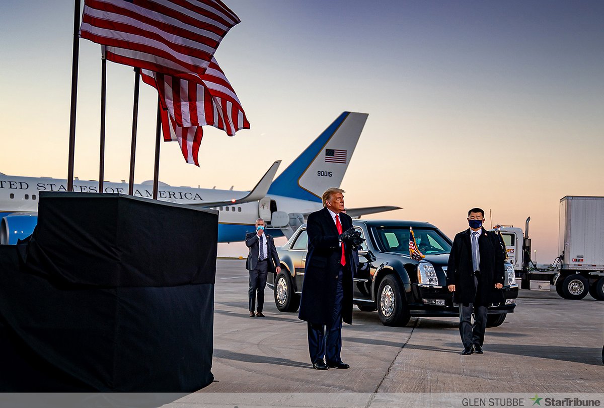 After visiting with hundreds outside the airport, who were not allowed inside, President Donald Trump paused for a moment to address the crowd of 250 allowed inside Rochester, Minnesota airport.