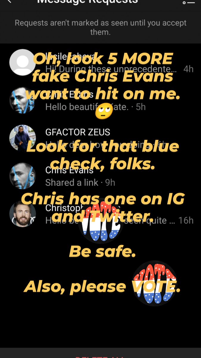 writeriowa's tweet photo. Reminder: A celebrity - or 5 of him - are incredibly unlikely (read: it's not happening) to contact you. And, even less likely, to hit on you or ask you out on SM. Protect yourself, your identity, and of course, your money.
Also, please #VOTE .
#NotChrisEvans https://t.co/VCrbGWRPS0