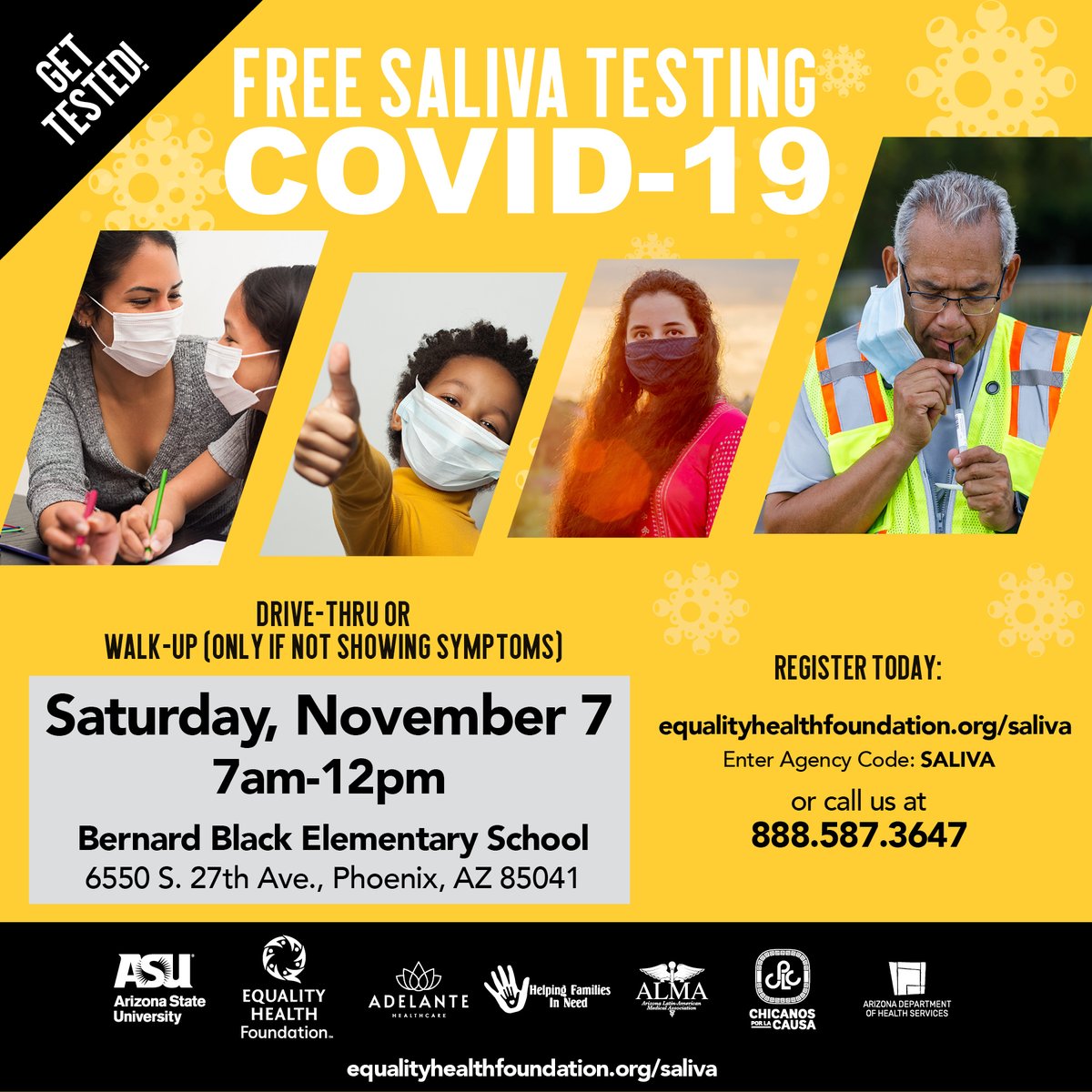 EqualityHealth's tweet photo. [ALERT] COVID-19 is surging. Free &amp; easy saliva testing Sat. Nov 7, 7am-12pm. Bernard Black Elementary School. Drive-thru, Walk-up. Sign up: https://t.co/XG48JmiiNL or call 888.587.3647.
#AZTestingBlitz #MaskUpAZ #Testing #Coronavirus #InThisTogether #Quarantine #Virus #covid https://t.co/PsSvmrXsMw