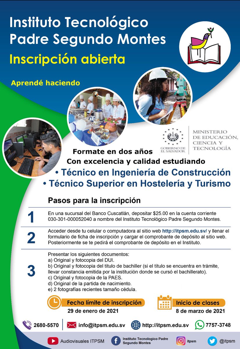 misoltv's tweet photo. ¿Quieres ser un profesional en tan solo dos años?
Inscríbete en el Instituto Tecnológico Padre Segundo Montes donde puedes estudiar:
 •Técnico en Ingeniería de Construcción 
•Técnico Superior en Hostelería y Turismo. 
Más información: 2680-5570 o en  @ITPSM2020 https://t.co/55T3QJHg73