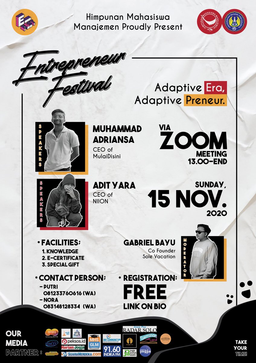 [Open Registration]

The wait is over!!
Today you can book a seat for E-Fest UNY. 
Grab it fast everyone, and see you on 15th November 2020 👋🏻👋🏻👋🏻
—
Link on bio instagram instagram.com/efest_uny