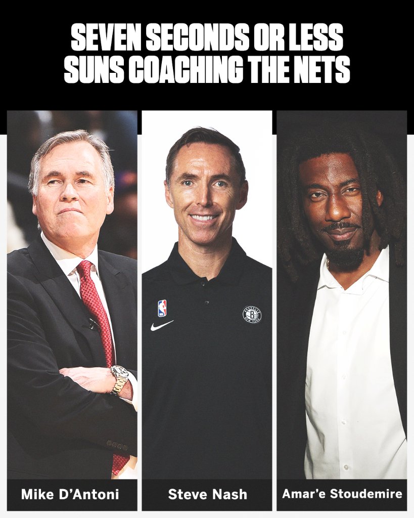 ESPNNBA's tweet photo. Three of the main components behind the "7 seconds or less Suns" are all coaching the Nets 🔥 https://t.co/LOsdeWAjFC
