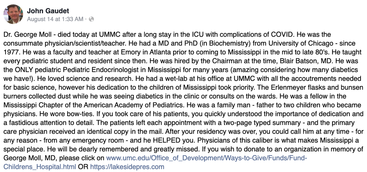 . @realDonaldTrump,Dr. George Moll, Jr, was the ONLY pediatric endocrinologist for years in Mississippi to manage kids with diabetes. He loved teaching & was always available if needed. Both of his daughters became docs h/t: @CTZebra #DocsAreDyingNotLYING  https://twitter.com/JimmyStewart14/status/1294287379725877253?s=20