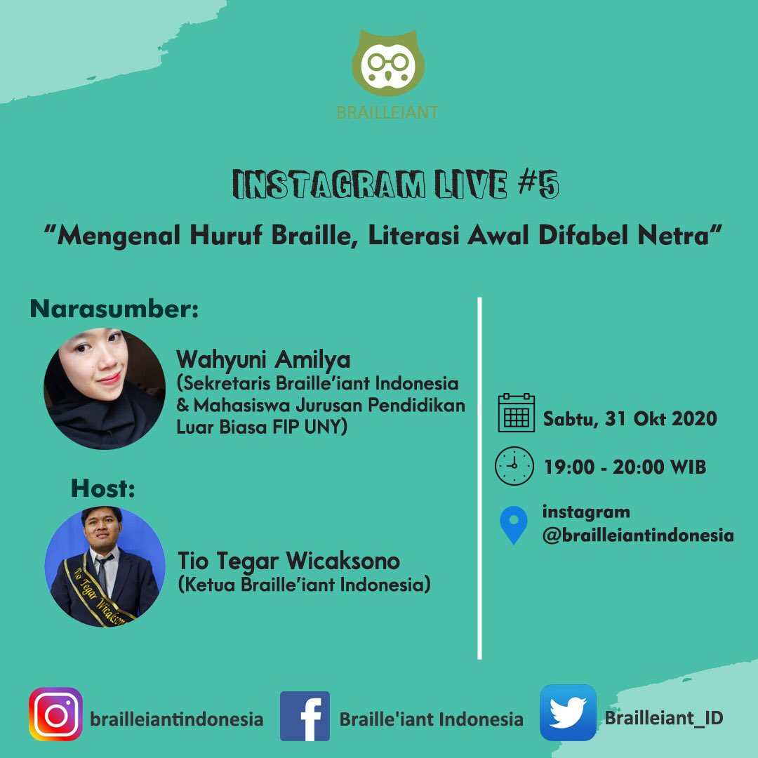 Brailleiant_ID's tweet photo. Bagaimana huruf Braille itu, sejarahnya, serta masih pentingkah huruf Braille di tengah kemajuan teknologi?

Yuk nanti malam, Sabtu 31 Oktober 2020 pukul 19:00-21:00 WIB live di instagram Braille’iant Indonesia🌻🌻🌻 https://t.co/k7zsdF8n4A