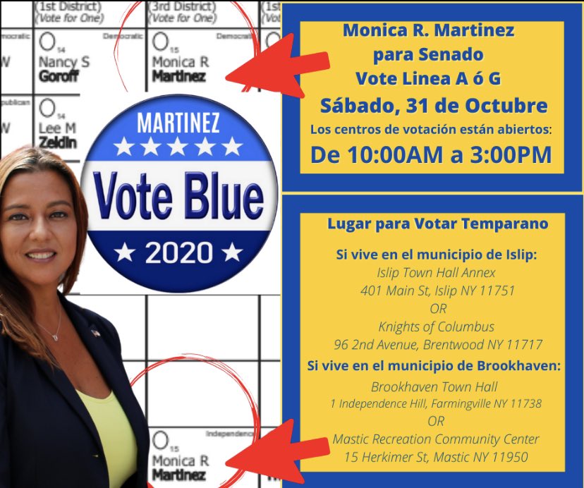Tomorrow, early voting sites are open from 10:00AM to 3:00PM. Make sure to get out and cast your ballot for Senator Monica Martinez for State Senate.  You can find her on Row A or Row G of the ballot! 

🗳For more information: bit.ly/2TmQHMS