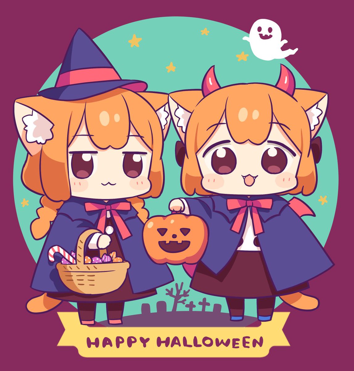 multiple girls animal ears cat ears 2girls tail hat halloween  illustration images