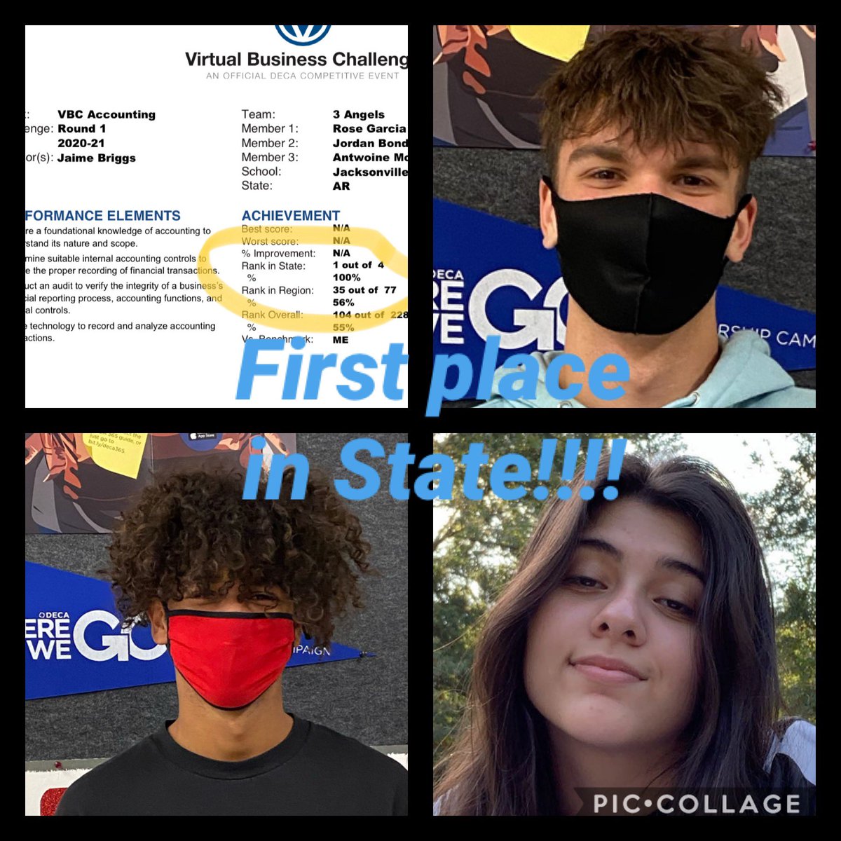 JHSDECA2's tweet photo. Congratulations to Jordan, AJ and Rose for placing 1st in the state during the Fall Session of the DECA Virtual Business Challenge in Accounting!!!!  Way to Go!!!! https://t.co/ZkYA49Y8RZ