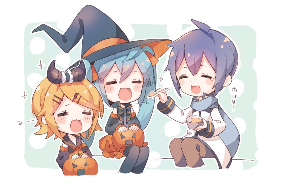 初音ミク ,鏡音リン ,カイト(ボーカロイド) 「ハロウィンなミクさんたちのらくがき? 」|にわ子のイラスト