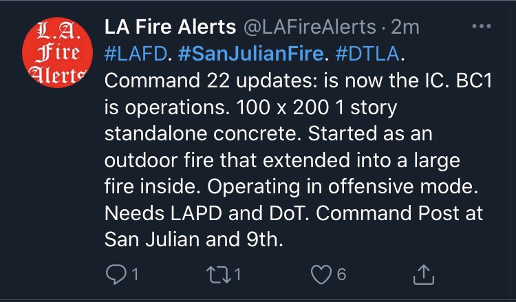  #LosAngelesBREAKING:Reported Explosion with Fire: San Pedro / 8th Street in Downtown LA.  https://twitter.com/lafirealerts/status/1322377112976805888