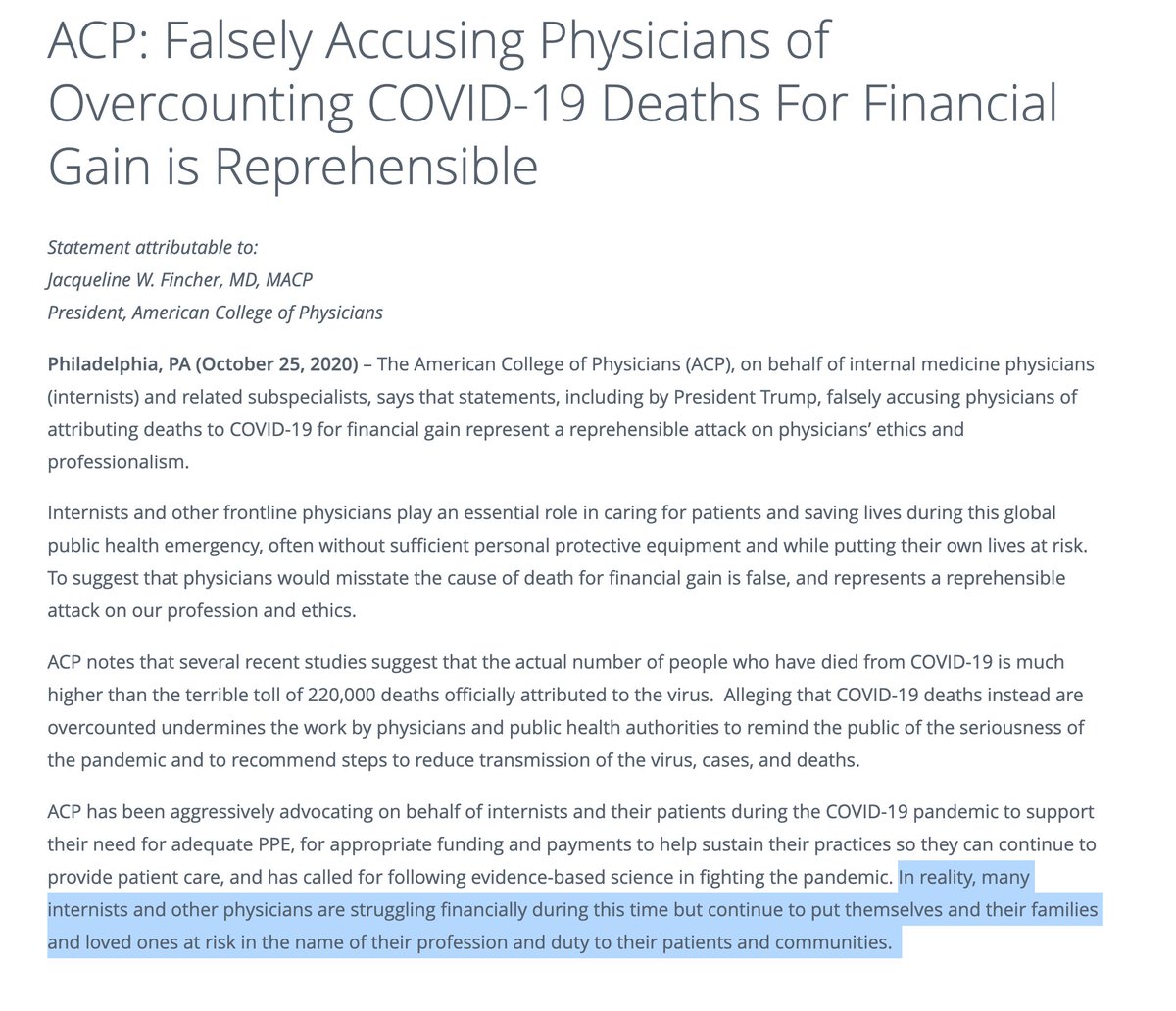 Doctors WILL NOT let Trump FALSELY accuse US of overcounting COVID19 deaths for financial gain! Frontline physicians care for patients & save lives, "often without sufficient personal protective equipment and while putting their own lives at risk"  @ACPinternists